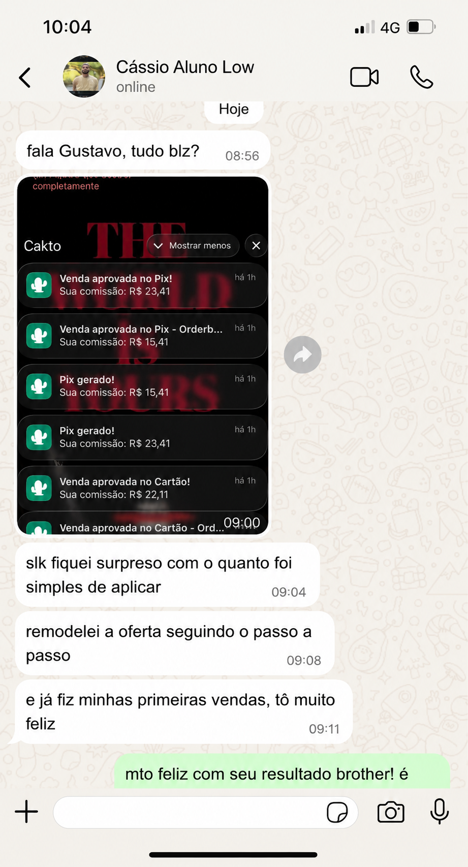 Print de conversa no WhatsApp com aluno relatando resultados após remodelar a oferta